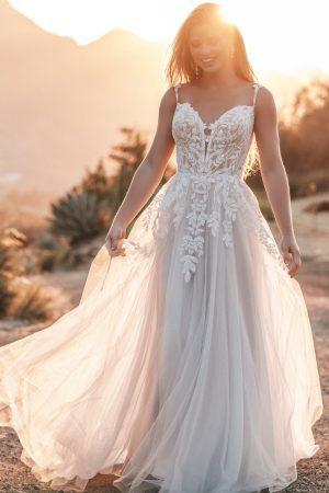 Embellished bodice tulle skirt leaf detail wedding dress