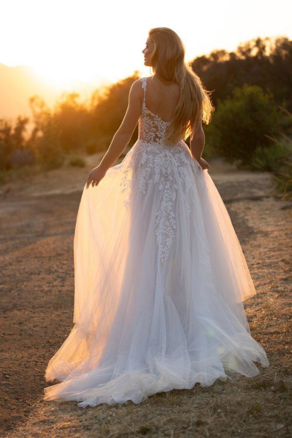 Embellished bodice tulle skirt leaf detail wedding dress