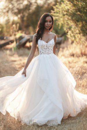 Ruffle skirt beaded bodice wedding dress