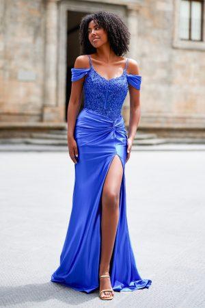 Satin prom dress with rouched skirt detail and colder shoulder straps