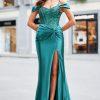 Satin prom dress with rouched skirt detail and colder shoulder straps