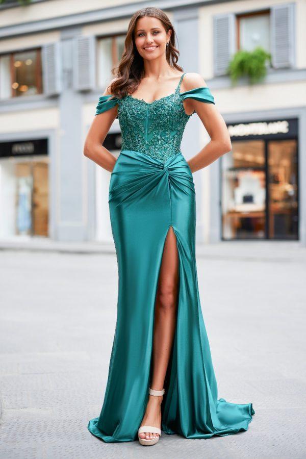 Satin prom dress with rouched skirt detail and colder shoulder straps