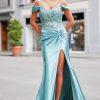 Satin prom dress with rouched skirt detail and colder shoulder straps