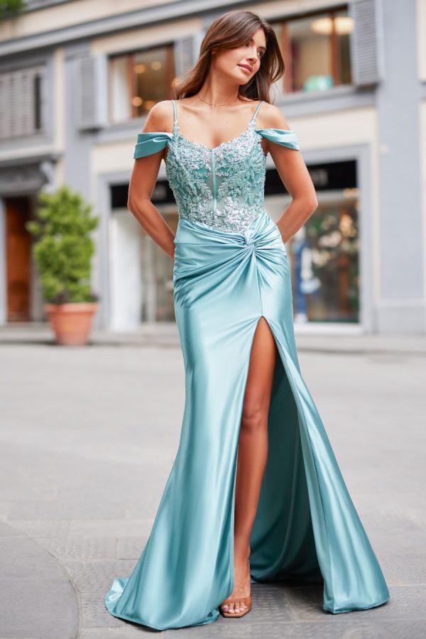 Satin prom dress with rouched skirt detail and colder shoulder straps
