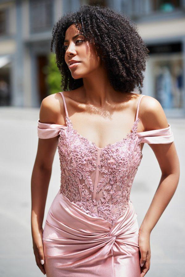 Satin prom dress with rouched skirt detail and colder shoulder straps