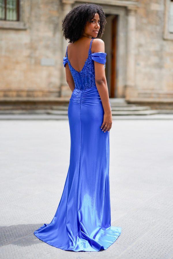 Satin prom dress with rouched skirt detail and colder shoulder straps