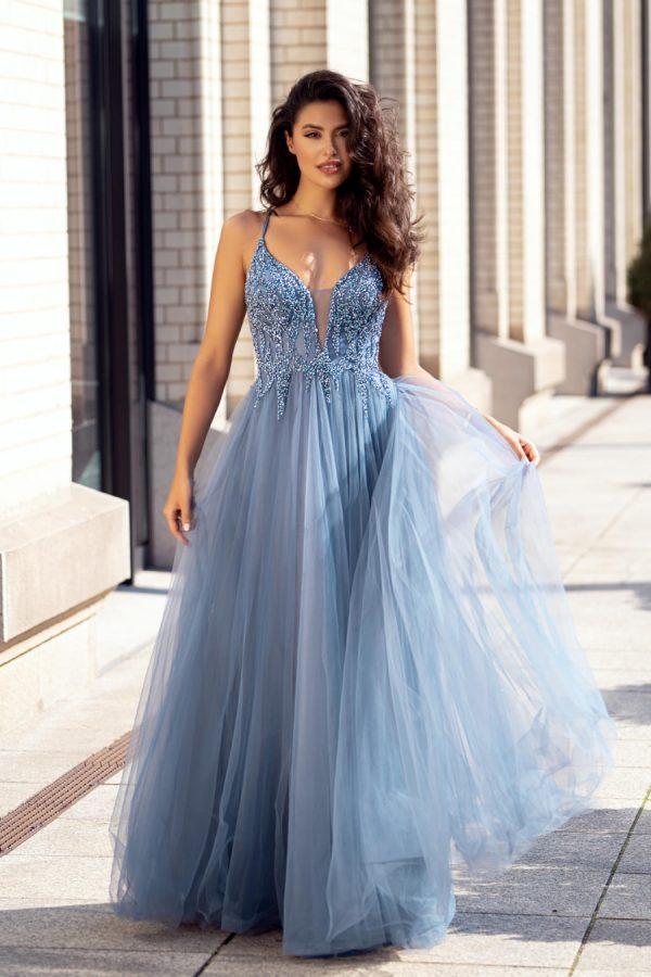 Phoebe beaded lace up tulle prom dress