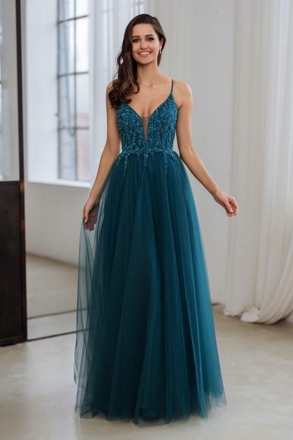 Phoebe beaded lace up tulle prom dress