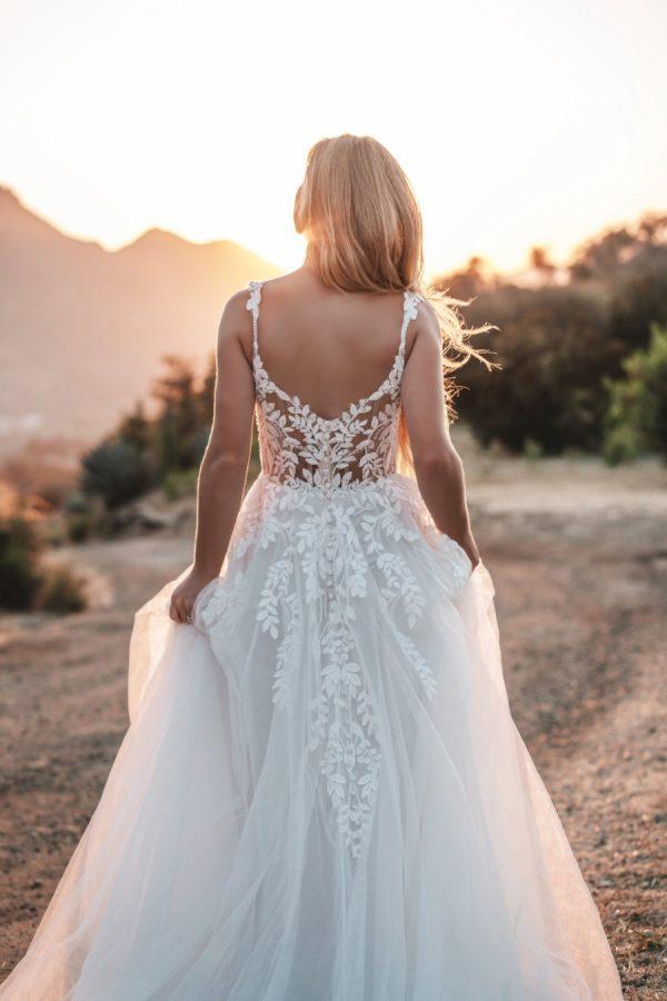 Embellished bodice tulle skirt leaf detail wedding dress