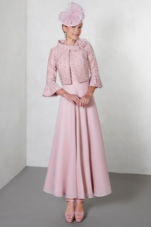 Rosa Clara Couture, midi dress in pink with removable jacket, and 3/4 sleeves. Colour variations available.