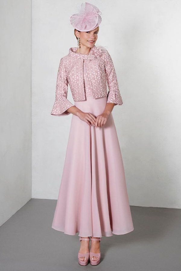 Rosa Clara Couture, midi dress in pink with removable jacket, and 3/4 sleeves. Colour variations available. 
