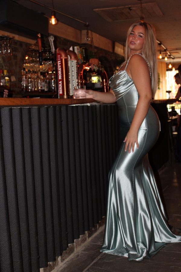 Satin gowns with mermaid fishtail fit, cowl, and embellished bust detail