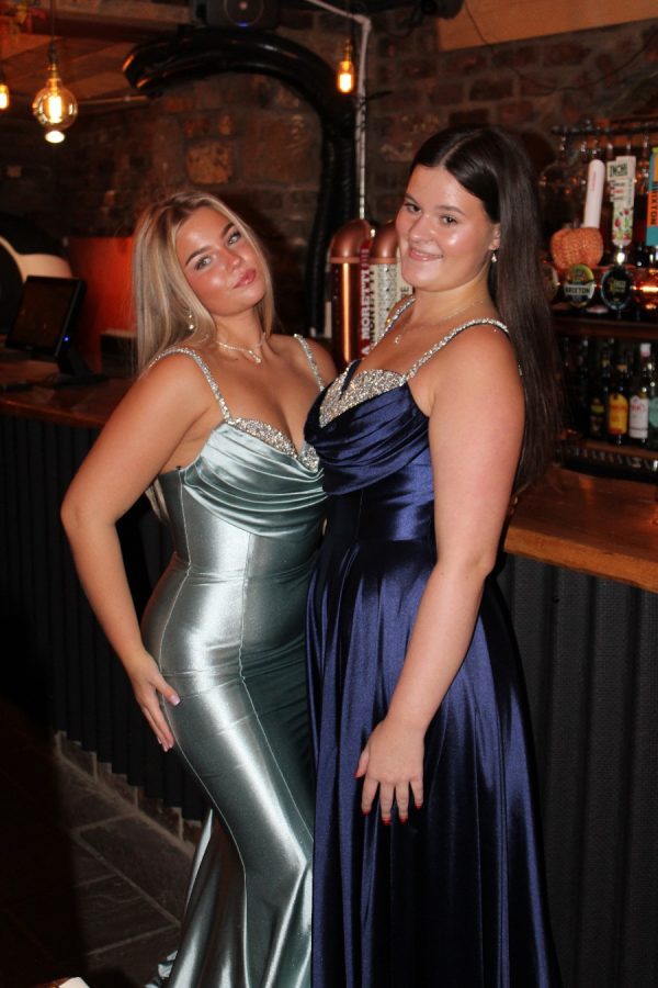 Satin gowns with leg split, cowl, and embellished bust detail