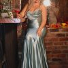 Satin gowns with mermaid fishtail fit, cowl, and embellished bust detail
