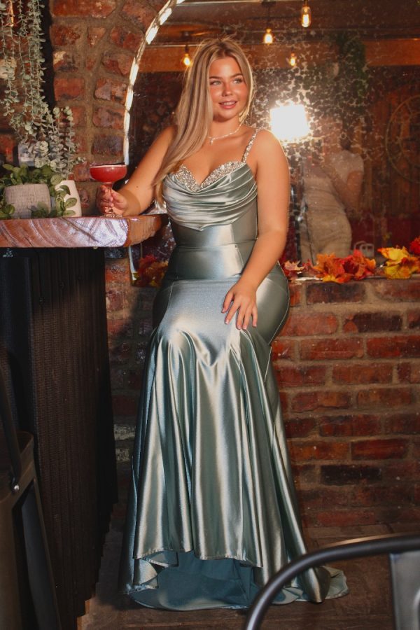 Satin gowns with mermaid fishtail fit, cowl, and embellished bust detail