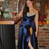 Satin gowns with leg split, cowl, and embellished bust detail