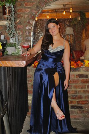 Satin gowns with leg split, cowl, and embellished bust detail