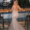 TNW606 nude champagne floral sparkle prom dress with feather details