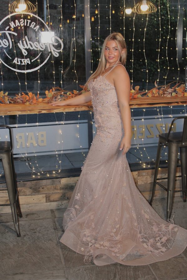 TNW606 nude champagne floral sparkle prom dress with feather details