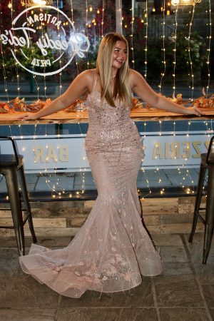 TNW606 nude champagne floral sparkle prom dress with feather details
