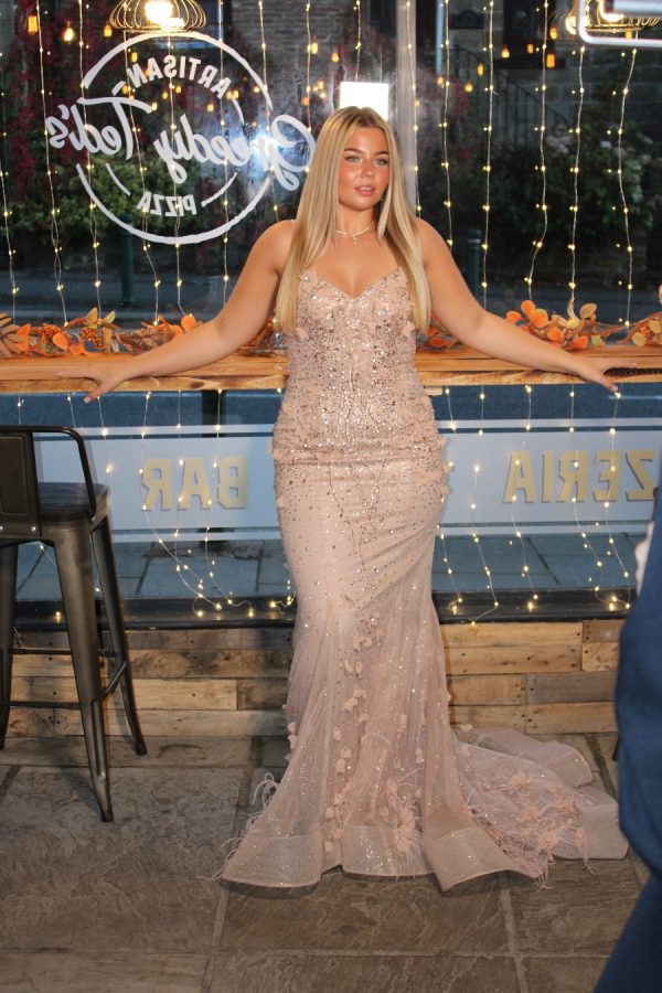 TNW606 nude champagne floral sparkle prom dress with feather details