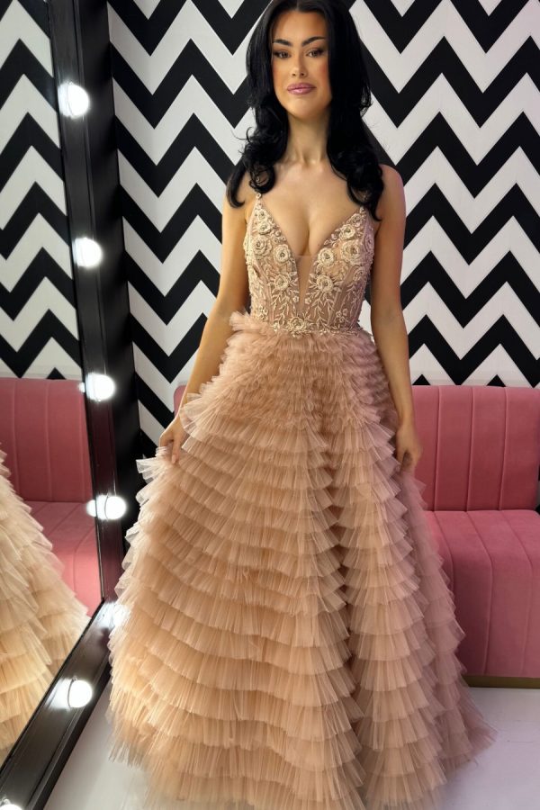 To the nines TNP246 a-line ballgown with ruffle layered skirt and corset bodice. Sparkle layer throughout the skirt, and beading and 3D floral appliqués on the bodice section