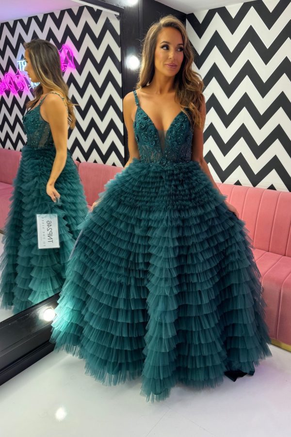 To the nines TNP246 a-line ballgown with ruffle layered skirt and corset bodice. Sparkle layer throughout the skirt, and beading and 3D floral appliqués on the bodice section