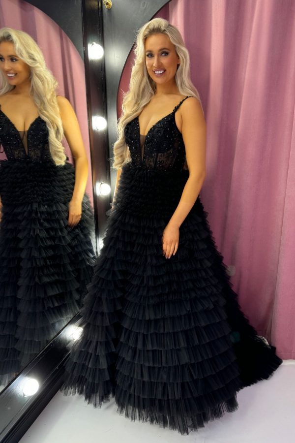 To the nines TNP246 a-line ballgown with ruffle layered skirt and corset bodice. Sparkle layer throughout the skirt, and beading and 3D floral appliqués on the bodice section