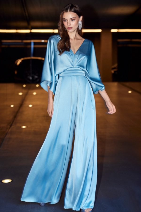 Dani's Party jumpsuit, in hammered satin with open back and tie detail.