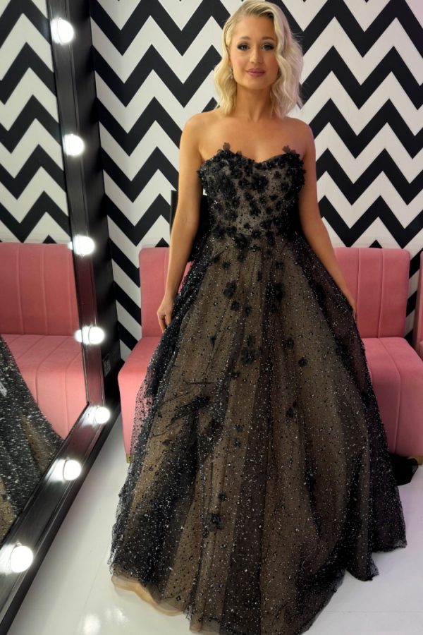 To the nines TNP248 full a-line ballgown, strapless dress with sparkle layer, beading, embellishments and 3D floral appliqués. Detachable bow on back, along with corset fastening