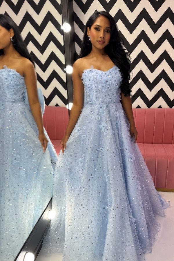 To the nines TNP248 full a-line ballgown, strapless dress with sparkle layer, beading, embellishments and 3D floral appliqués. Detachable bow on back, along with corset fastening