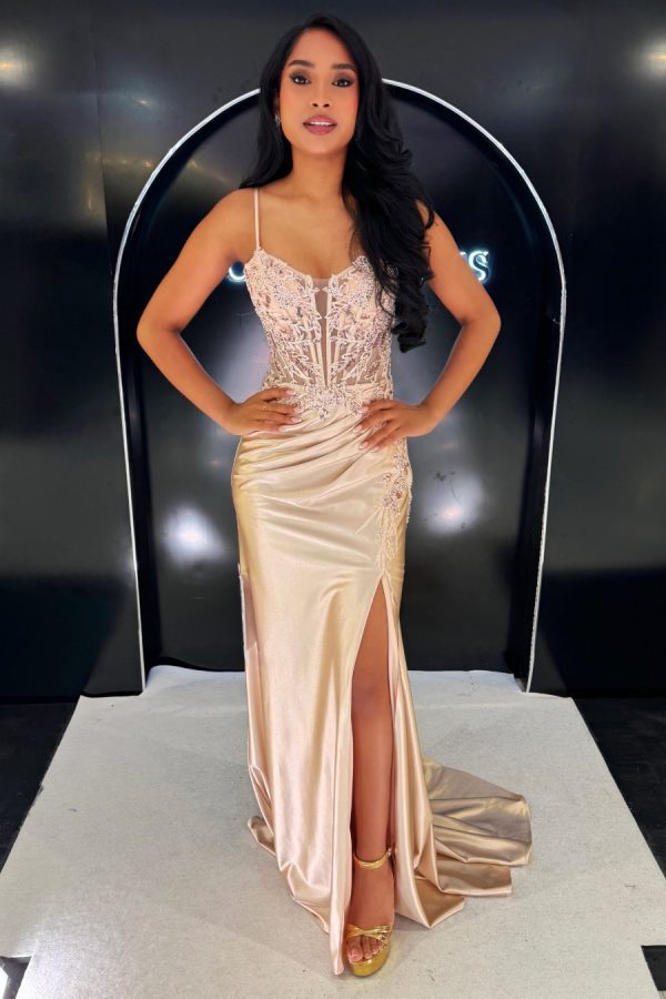 This gorgeous satin gown has a lace appliqués illusion bodic4er, finished with a corset back. The skirt has a leg split and mermaid fit, with a short train at the back for the epitome of elegance. To the Nines TNL724