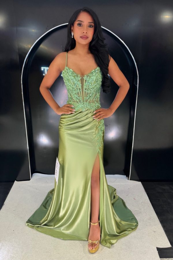 This gorgeous satin gown has a lace appliqués illusion bodic4er, finished with a corset back. The skirt has a leg split and mermaid fit, with a short train at the back for the epitome of elegance. To the Nines TNL724