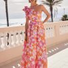 Rosa Clara one shoulder ruffle midi dress in pink and orange.