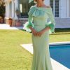 Mother of the bride/groom. Rosa Clara feather sleeve midi dress, with a-symmetric bow shoulder detail in Matcha