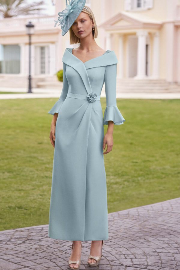 Rosa Clara flute sleeve cross front dress with embellishment detail in petrol blue