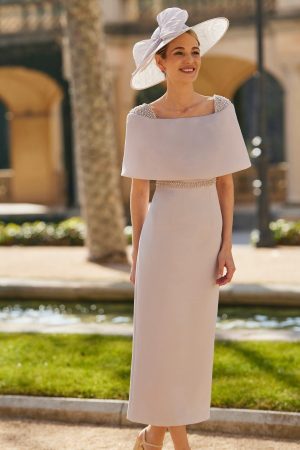 Rosa Clara pencil dress in Mauve, with bow back, and pearl shoulder and belt details