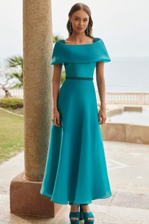 Rosa Clara bow back midi dress with pearl shoulder details and belt