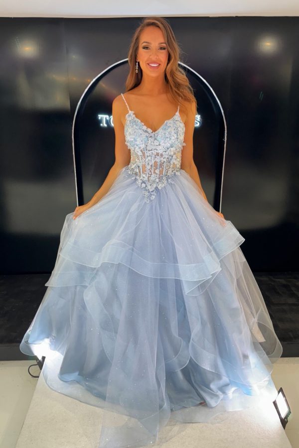 A-line ruffle skirt ballgown with lace floral bodice and sparkle layer in the skirt TNE442 To The Nines