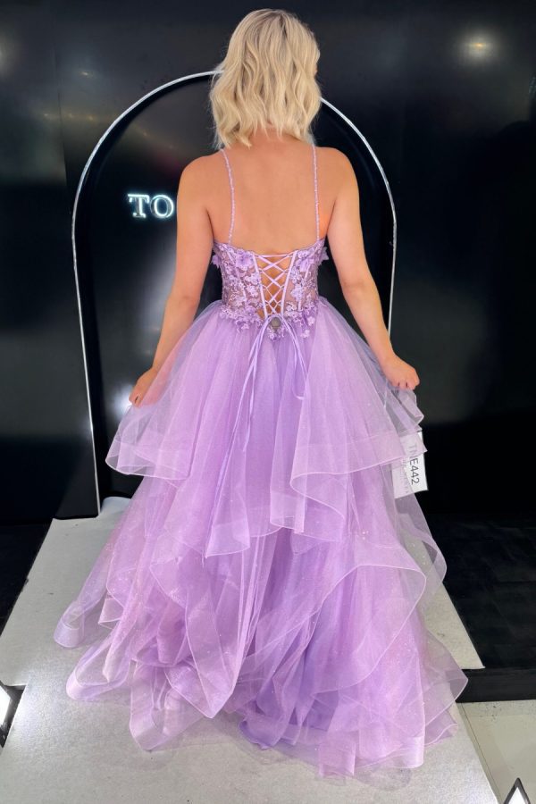 A-line ruffle skirt ballgown with lace floral bodice and sparkle layer in the skirt TNE442 To The Nines