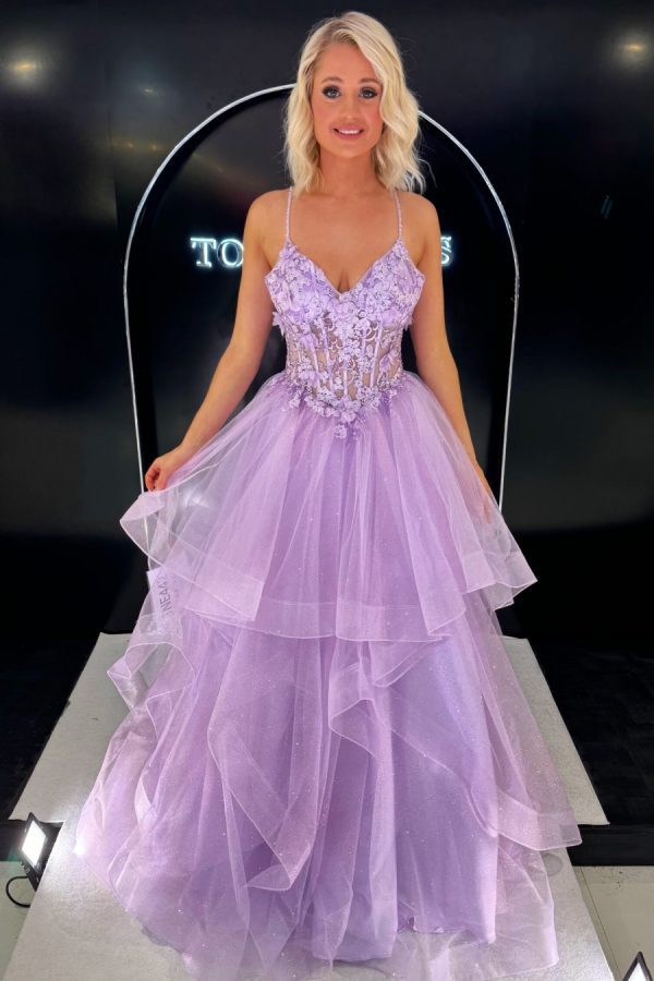 A-line ruffle skirt ballgown with lace floral bodice and sparkle layer in the skirt TNE442 To The Nines