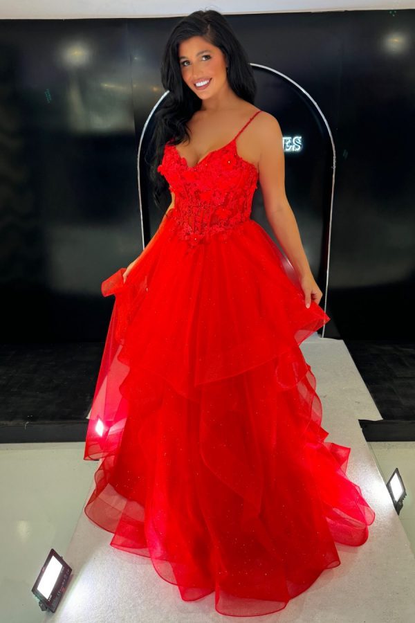 A-line ruffle skirt ballgown with lace floral bodice and sparkle layer in the skirt TNE442 To The Nines