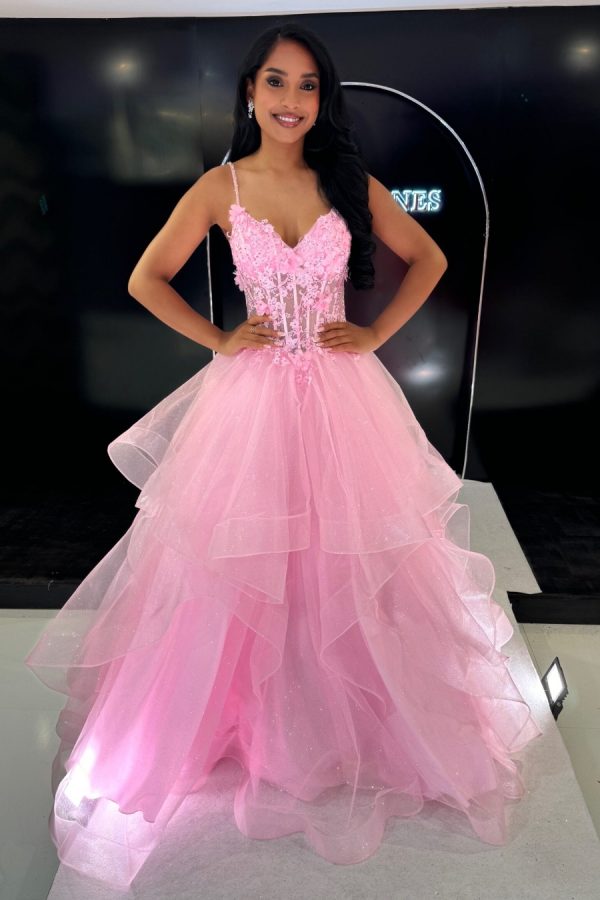 A-line ruffle skirt ballgown with lace floral bodice and sparkle layer in the skirt TNE442 To The Nines