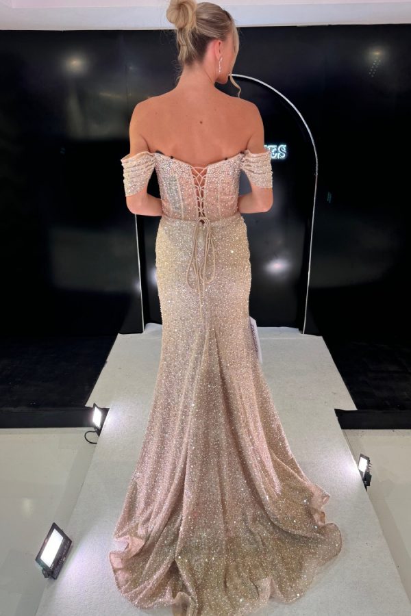 Full beaded fitted gown with wrap style skirt and leg split. Bardot sleeves and corset back finish the bodice off. TNP250