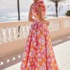 Rosa Clara one shoulder ruffle midi dress in pink and orange.