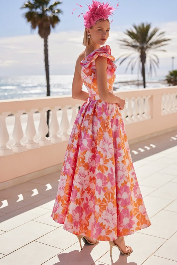 Rosa Clara one shoulder ruffle midi dress in pink and orange.
