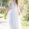 Connie by Allure Romance. Dimensional beaded lace appliques embellish the bodice of this A-line gown, which is finished with a skirt composed of tulle over crepe.